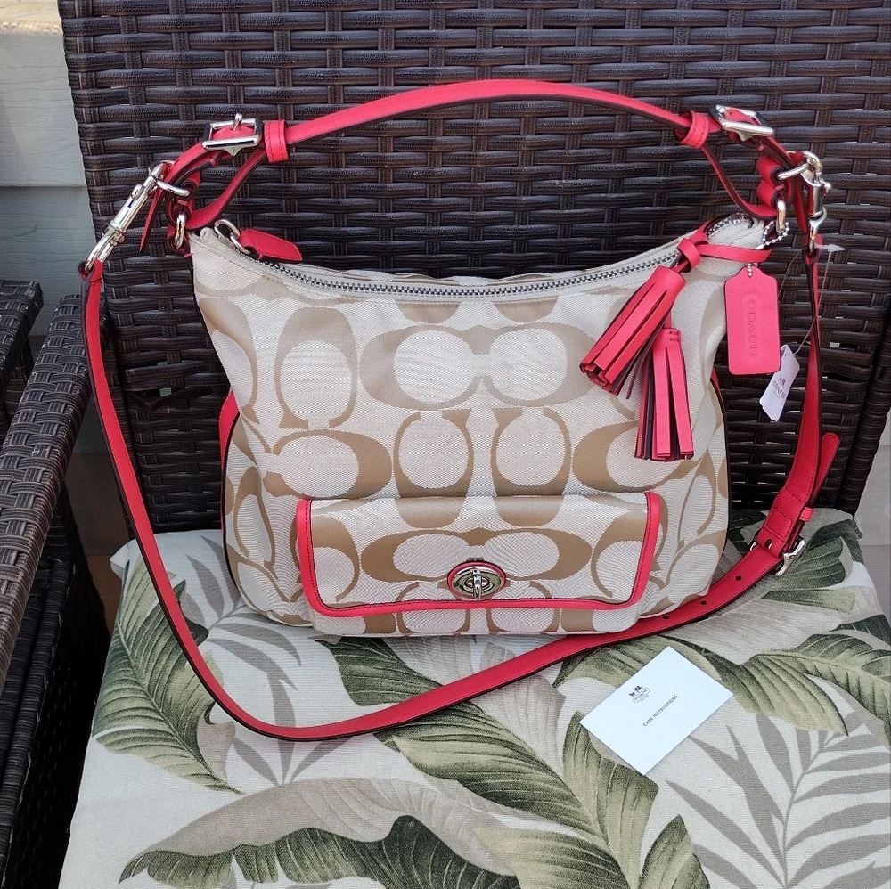 NWT Coach Legacy Signature Courtney Hobo Bag Khaki and Coral Style #22392